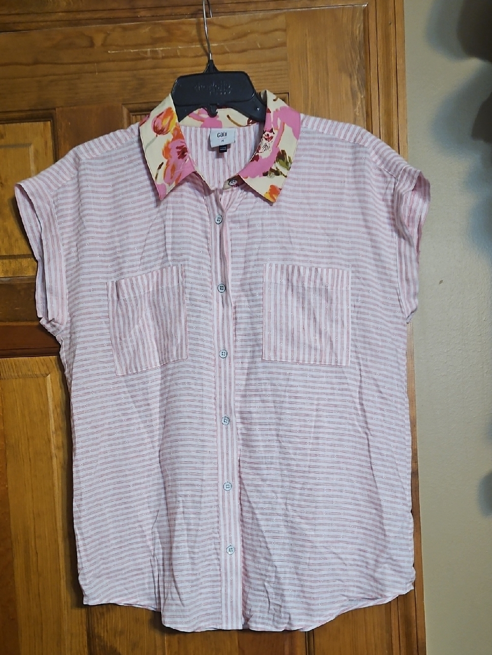 Cabi Striped Pink Linen Blend Button-Front Floral Top - Picture 2 of 7